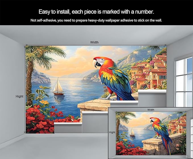 KIREUPA Macaw Parrot Wall Mural, Coastal Mediterranean Parrot 3d Wall Murals, Sunset Seaside Village Scene Wallpaper Mural, for Living Room Bedroom Large Wallpaper Indoor Decor 78.7" W x55.1 H