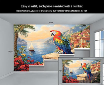 Macaw Parrot Wall Mural, Coastal Mediterranean Parrot 3D Wall Murals, Sunset Seaside Village Scene Wallpaper Mural, for Living Room Bedroom Large Wallpaper Indoor Decor 169.3" W x118.2 H