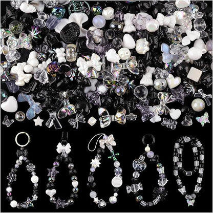 Assorted 200-260PCS Black Acrylic Beads for Bracelet Making, Flower Bow Candy GummyBear Bracelet Charms,Cute Beads for Jewelry Making DIY Necklace Keychain Phone Charm Christmas Gift