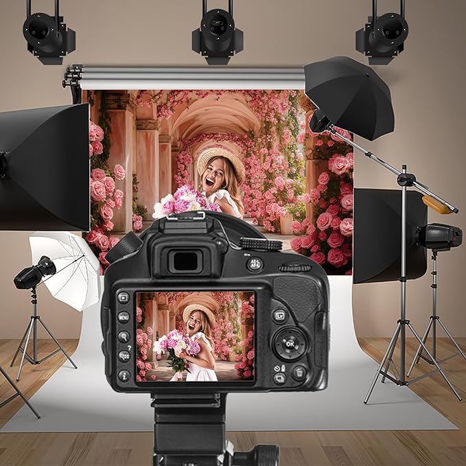 Baocicco 8x6.5ft Pink Flowers Backdrops for Photoshoot Rose Arch Corridor European Carving Wall Photo Background for Women Bridal Shower Birthday Marriage Valentines Mothers Day Backdrop Decorations