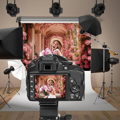 Baocicco 9x6ft Pink Flowers Backdrops for Photoshoot Rose Arch Corridor European Carving Wall Photo Background for Women Bridal Shower Birthday Marriage Valentines Mothers Day Backdrop Decorations