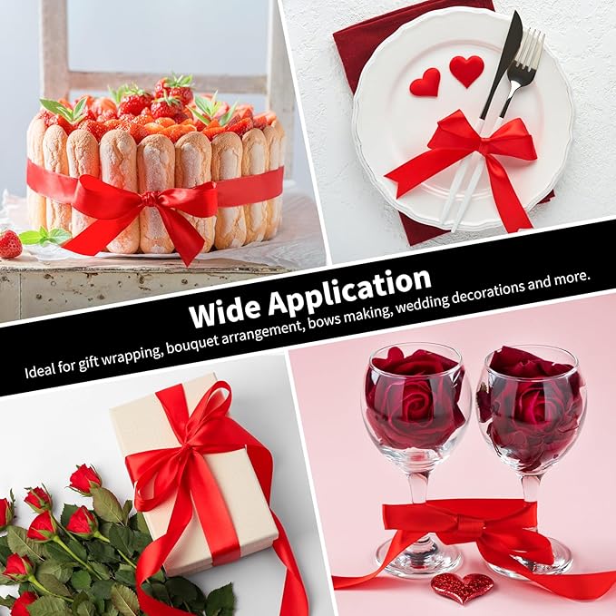 1-1/2 Inch Wide Red Satin Ribbon, 50 Yards Solid Polyester Fabric Ribbon for Roses Making, Gift Wrapping, Christmas, Wedding Decorations, Crafts, Bows