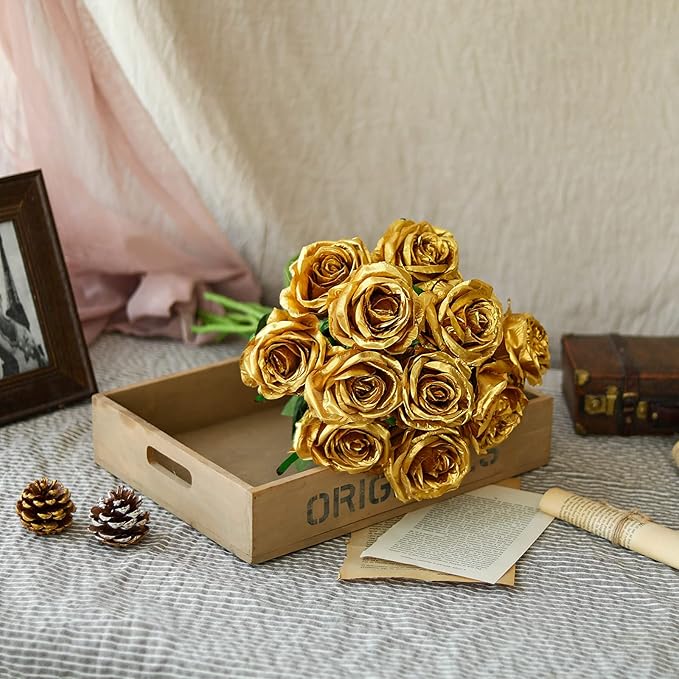 Nubry Artificial Silk Rose Flower Bouquet Lifelike Fake Rose for Wedding Home Party Decoration Event Gift 10pcs (Gold)
