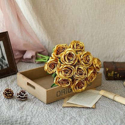 Nubry Artificial Silk Rose Flower Bouquet Lifelike Fake Rose for Wedding Home Party Decoration Event Gift 10pcs (Gold)