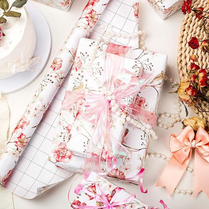 MAYPLUSS Gift Wrapping Paper Roll - Romantic Watercolor Pink Flower and Birds Design Gift Wrap Paper for Wedding, Bridal Shower, Mother’s Day, Valentine's Day, Birthday, Anniversay (17 Inch X 33Feet)