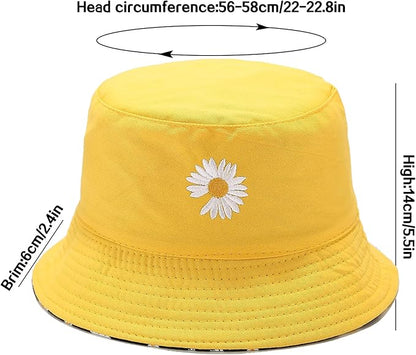 Flower Reversible Bucket Hat Cotton Summer Travel Beach Sun Hats Emboridery for Women Men