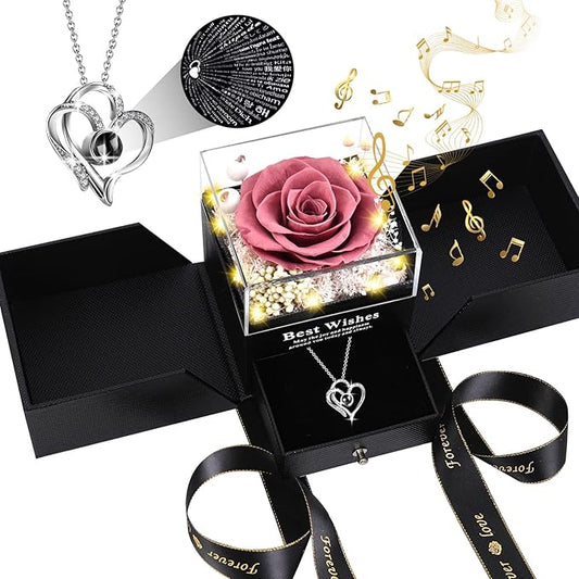 Christmas Birthday Gifts for Women - Preserved Real Rose with I Love You Heart 100-Language Necklace, LED Lights & Music Gift Box, Christmas for Women Girlfriend Mom