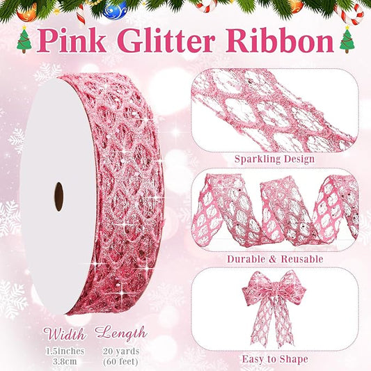 Geosar 20 Yards Pink Glitter Mesh Wired Ribbon for Christmas Tree Decorations, Gift Wrapping, DIY Craft, Xmas Wreaths, Cabinet Decor (1.5 Inch)