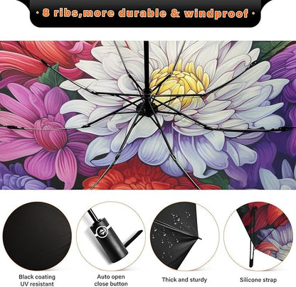 Automatic Folding Umbrella Windproof Strong, UV Protection Compact Floral Hydrangea Hummingbird Sun Rain Sun Rain Travel Umbrellas for Women Men