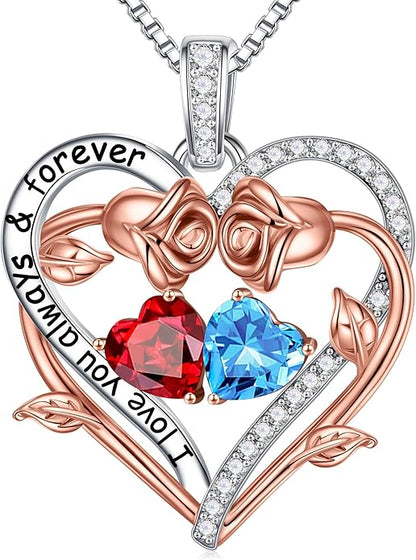 Iefil Rose Heart Double Birthstone Necklace Gifts for Wife Her Mom Women, Birthstone Jewelry Gemstone Birthday Gifts for Girlfriend Grandma Her Wife Women
