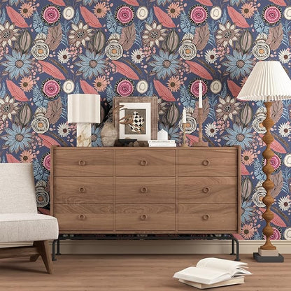 Blue Pink Wallpaper Peel and Stick,Vintage Boho Floral Contact Paper 17.5" x 393", Retro Antique Botanical Flowers Wall Paper Self Adhesive Removable Waterproof for Bathroom Shelves Cabinet Table