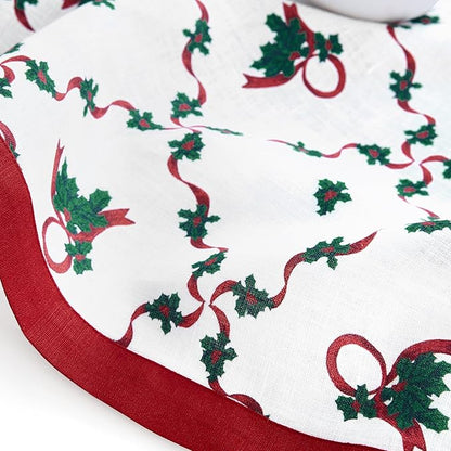 Solino Home 100% Pure Linen Christmas Table Runner 120 Inches Long - Red and Green Table Runner 14 x 120 Inch - Handcrafted and Machine Washable - Holly Ribbon Print