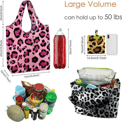 BeeGreen Leopard Print Reusable Grocery Bags 6 Pack, Heavy Duty Totes for Women, Foldable Grocery Bag Large Shopping Totes with Handles for Work, Travel, Gift, Polyester Washable Reusable Tote Bag