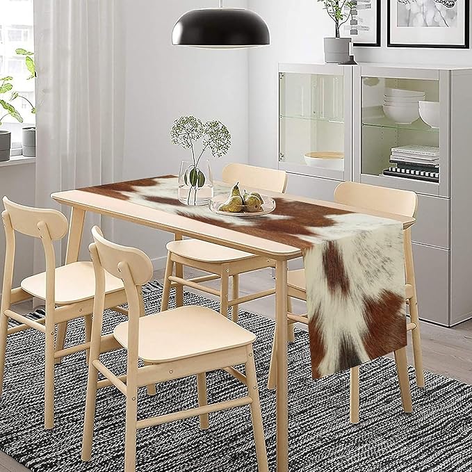 Cow Skin Print Table Runner, Rustic Country Farmhouse Animal Fur Skin Western Farm Dark Brown Cowhide Print Dinner Runner Table Decoration for Home Kitchen Dining 13x108in