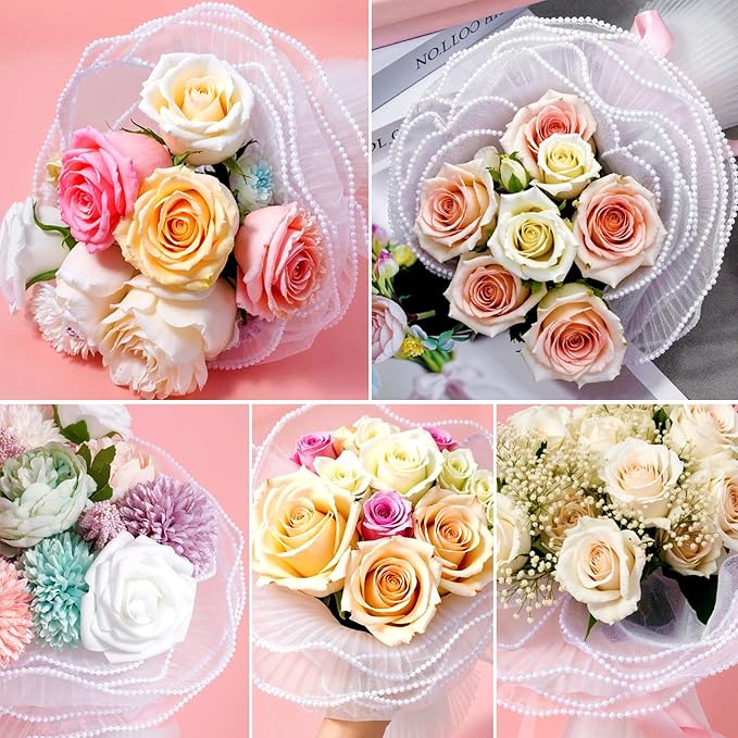 Ymapinc Pearl Mesh for Bouquets, 4 Yard White Floral Mesh Paper, Pearl Wrapping Paper for Bouquet Bride Wedding Gift Packaging Mother's Day - Wrinkled Translucent Design (144x10.63inch)