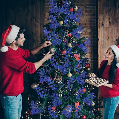 75 Pcs Christmas Glitter Branches 3 Styles Artificial Christmas Picks Berries Stems Pine Needles Floral Twig Spray for Xmas Tree Ornaments DIY Wreath Garland(Blue)