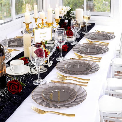 YOUBET 125PCS Clear Black Plastic Plates - Black and Gold Disposable Plates Include 50 Plate, 75 Gold Silverware for Wedding & Party & Birthday New Year