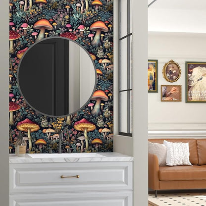 Wallpaper Peel and Stick Vintage Mushroom Contact Paper Floral Wall Paper for Shelf Liner Cabinet Bedroom Removable Waterproof Black Colorful 17.5 x 393.5In