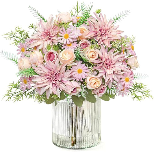 2PCS Artificial Flowers Dahlia Bouquet Fake Flowers Purple Silk Roses Daisies Faux Floral Arrangements for Dining Table Centerpieces for Kitchen Bridal Bouquet Wedding Party Home Decor