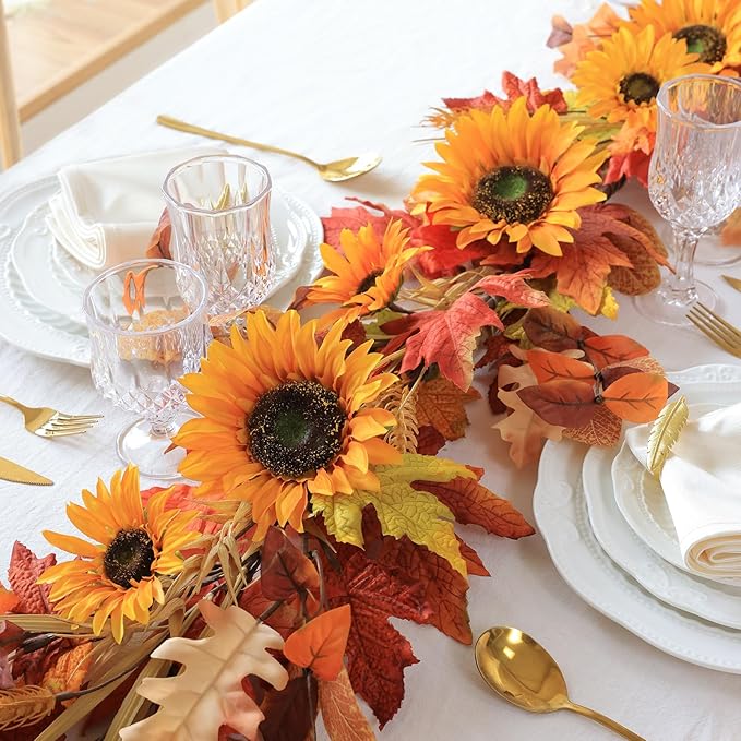 Mizii Artificial Sunflower Garland 6FT Fake Silk Sunflowers Flower Garland Autumn Hanging Vines Decorations for Kitchen Table Centerpieces Room Wall Party Wedding Birthday Fall Decor (Orange)
