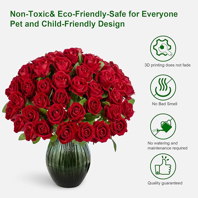 Fake Plants Roses Flowers Plastic Flowers Spring Decorations for Home Gifts for Gf Roses Artificial Flowers for Vase Fake Flowers Home Decor Fake Plant 19.6"(Red 100PCS)