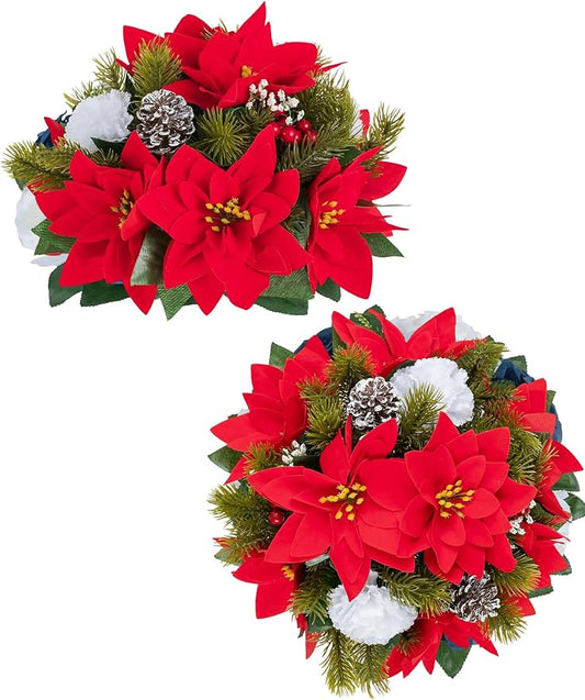 BLOSMON Poinsettias Artificial Christmas Flowers: 2 Pcs Red Fake Floral Ball Centerpieces for Tables Decorations Silk Faux Poinsettia Winter Holiday Flower Arrangement Xmas Plant Ornaments Decor