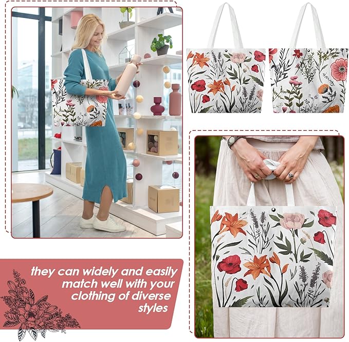 6 Pcs Floral Canvas Tote Bags Bulk for Women Chinoiserie Tote Bag Aesthetic Reusable Grocery Bags for Travel Shopping