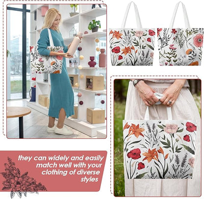 6 Pcs Floral Canvas Tote Bags Bulk for Women Chinoiserie Tote Bag Aesthetic Reusable Grocery Bags for Travel Shopping
