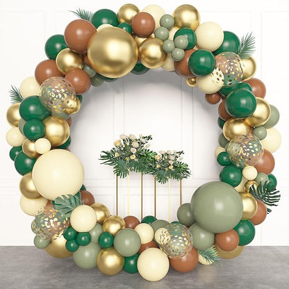 Amandir 153pcs Green Brown Balloon Garland Arch Kit, Different Sizes 18 12 10 5 inch Sage Green Ivory Gold Latex Metallic Confetti Balloon for Safari Jungle Wild One Woodland Tropical Party Decoration