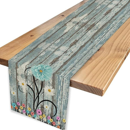 Watercolor Daisy Table Runner, Vintage Blue White Daisy Flower Rustic Blue Wood Farmhouse Print Table Center Decor for Family Kitchen Table Decorations Indoor Outdoor 13x108 inch