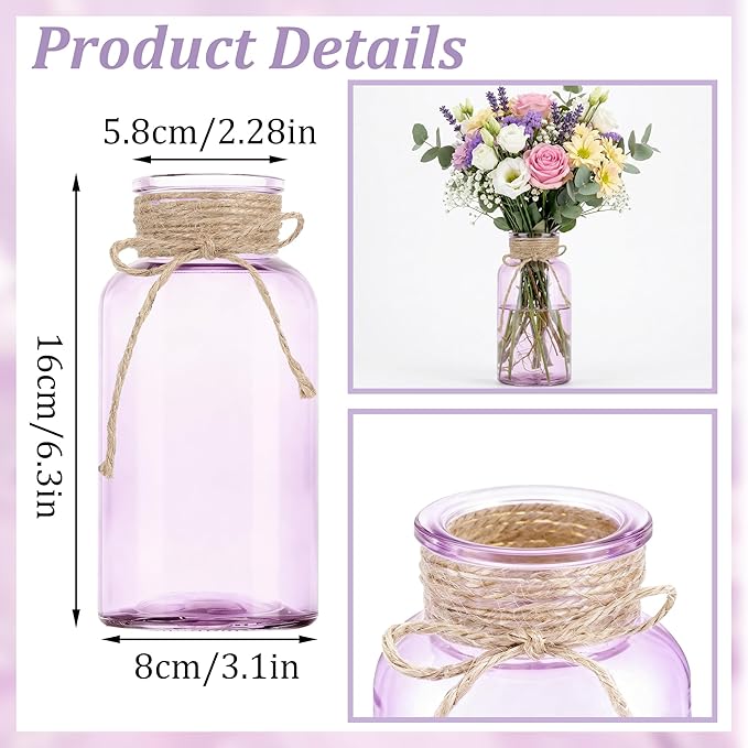 Vintage Glass Flower Vase，3 Pack Farmhouse Purple Glass Centerpiece Vases Mason Jars for Weddings, Parties & Home Decor Bulk (3, Purple)