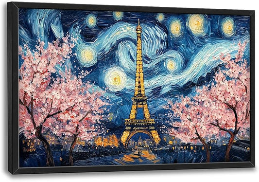 Eiffel Tower Large Wall Art Paris Cherry Blossom Pictures Wall Decor Landmark Landscape Canvas Starry Sky Print Painting Modern Artwork Home Decoration for Living Room Bathroom Bedroom Office Framed 24"x36"