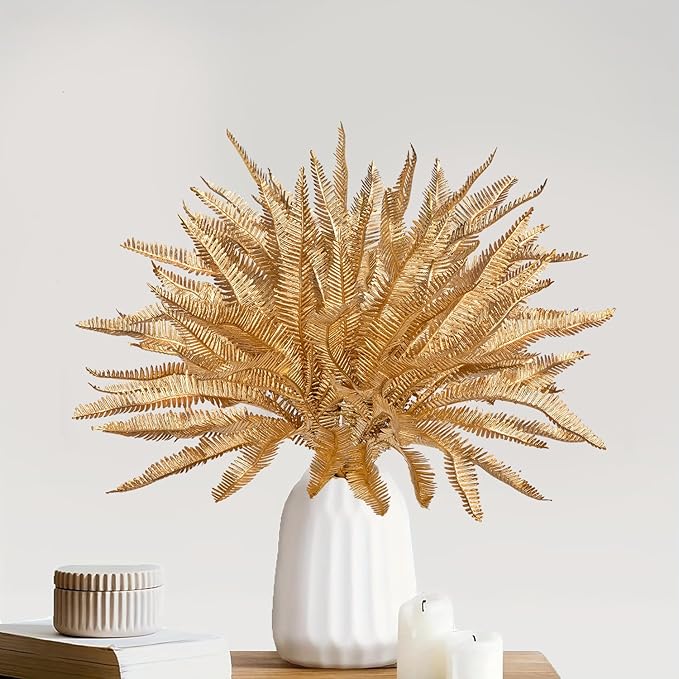 Artificial Gold Ferns Christmas Spray Fake Leave Flower Plant 4 Pcs Faux Floral Boho Decor for Thanksgiving Christmas Wedding Party Bouquet Home Farmhouse Vase Centerpieces