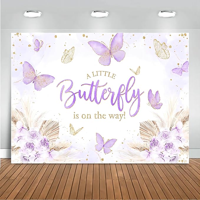 Mocsicka Butterfly Baby Shower Backdrop for Girl's A Little Butterfly is on The Way Pink Florals Flowers Photography Background Princess Girl Party Decoration Photography Props (10x7ft, Purple)