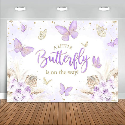 Mocsicka Butterfly Baby Shower Backdrop for Girl's A Little Butterfly is on The Way Pink Florals Flowers Photography Background Princess Girl Party Decoration Photography Props (10x7ft, Purple)