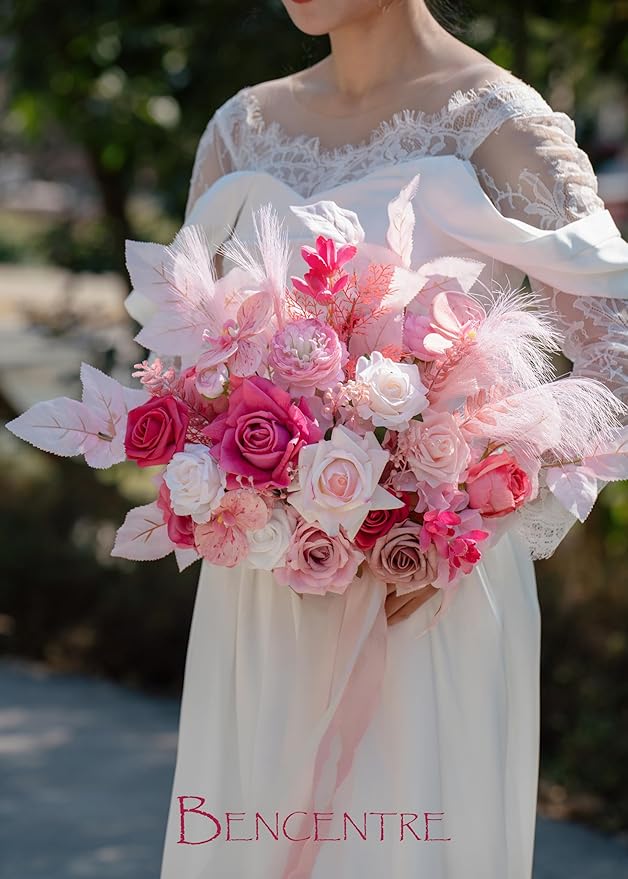 Hot Pink Bridal Bouquets for Bride,14 Inch Wedding Bouquets, for Wedding Ceremony, Anniversary, Party and French Rustic Vintage Wedding,Artificial Flowers