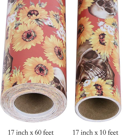 Aimyoo Orange Skull Floral Wrapping Paper Roll 17 in x10ft, Horror Gothic Halloween Wrap Paper