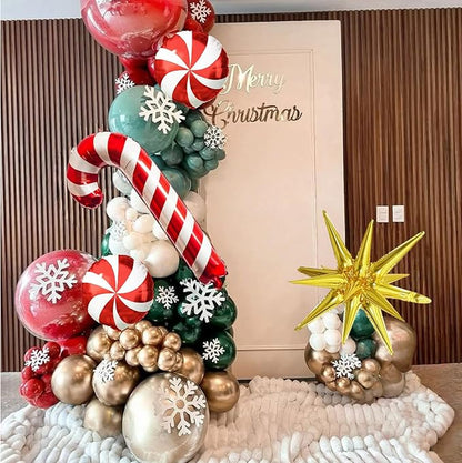 Christmas Balloons Garland Arch Kit, Red Dark Green Gold Metallic Balloons Candy Cane Star Foil Mylar Balloons for Winter Xmas Merry Christmas Baby Shower Ugly Sweater Birthday Party Decorations