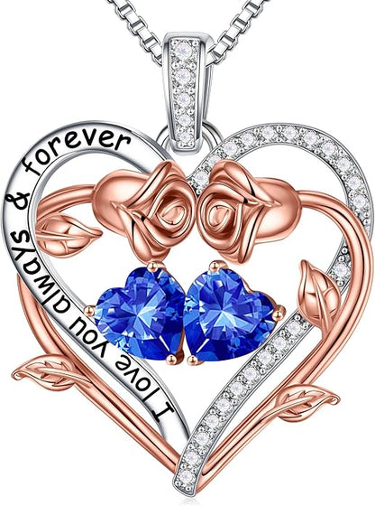 Iefil Rose Heart Double Birthstone Necklace Gifts for Wife Her Mom Women, Birthstone Jewelry Gemstone Birthday Gifts for Girlfriend Grandma Her Wife Women