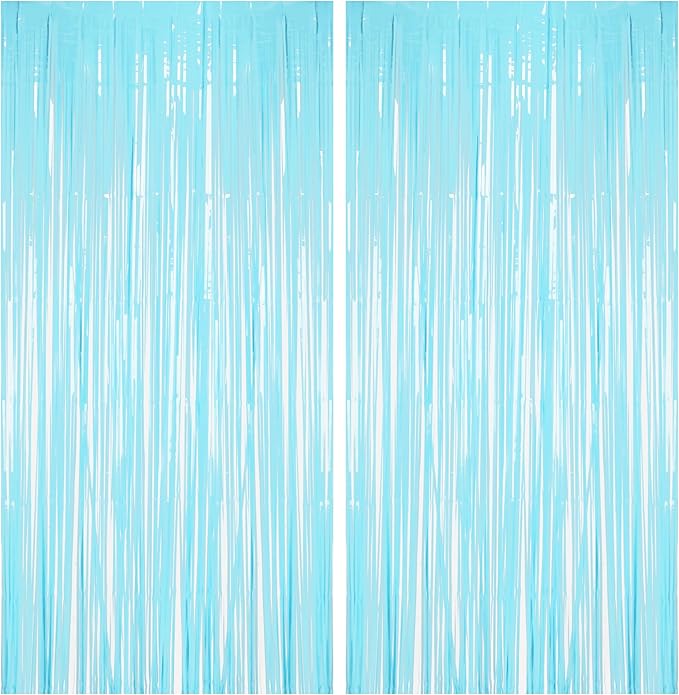BRAVESHINE Foil Fringe Curtains Backdrop - 2Pcs Pastel Blue Streamers Tinsel Backdrop for Christmas/Winter’s Snowflake/Frozen/Baby/Boy/Under Sea/Shark/Mermaid/Bachelorette/Birthdays Party Decorations