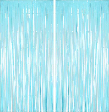 BRAVESHINE Foil Fringe Curtains Backdrop - 2Pcs Pastel Blue Streamers Tinsel Backdrop for Christmas/Winter’s Snowflake/Frozen/Baby/Boy/Under Sea/Shark/Mermaid/Bachelorette/Birthdays Party Decorations