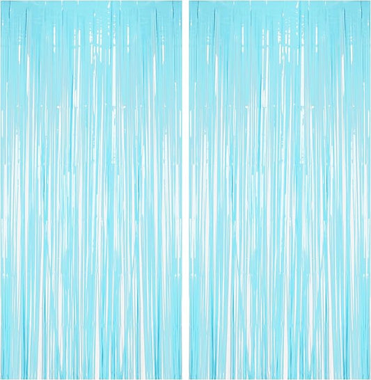 BRAVESHINE Foil Fringe Curtains Backdrop - 2Pcs Pastel Blue Streamers Tinsel Backdrop for Christmas/Winter’s Snowflake/Frozen/Baby/Boy/Under Sea/Shark/Mermaid/Bachelorette/Birthdays Party Decorations