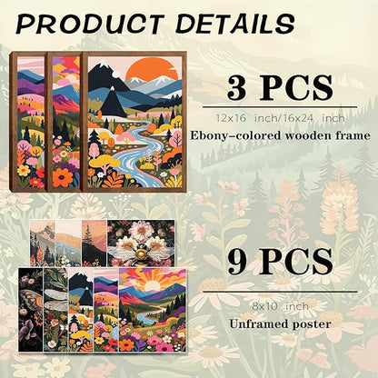 Nature Landscape Boho Wall Art Set of 3 12x16In Wood Framed,with 9 Bonus 8x10 Posters Prints, Abstract Ridge River Sunset Floral Canvas Paintings for Living Room Bedroom Office