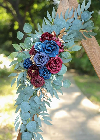Artificial Navy Blue Wedding Arch Flower Swags Set of 2 for Wedding Welcome Signs Floral and Wedding Reception Ceremony Decorations, Burgundy Wedding Flowers Decor