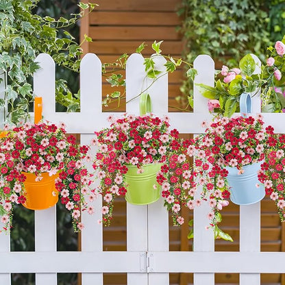 Artificial Flowers for Outdoors 6PCS，All Weather Fade Proof, UV Resistant Waterproof Realistic Faux Silk Mums Daisies Rose Red & Pink for Hanging Planters Porch Patio Balcony Deck Fence Garden Decor