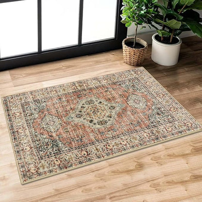 Lahome Oriental Door Mat Indoor Entrance, 2x3 Washable Fall Indoor Rugs for Entryway Soft Small Kitchen Rugs Non Slip Ultra-Thin, Vintage Door Mat Carpet for Bedroom Bathroom, Peach/Orange