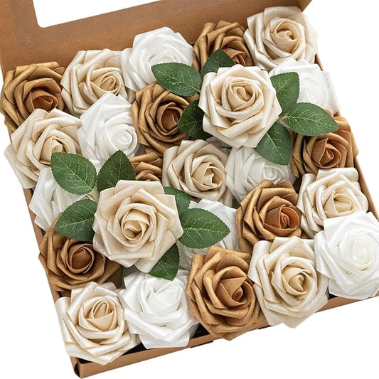 Ling's moment Artificial Flowers 25Pcs Gold Roses Decor w/Stems,3" Real Touch DIY Foam Floral for Wedding Bouquet/Centerpieces, Outdoors Party Backdrop, Room/Table, and Garden/Pot Decorations