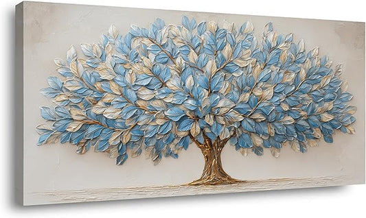 Blue Tree of Life Canvas Wall Art Nature Blue Gold Leaf Abstract Tree Canvas Painting Textured Pictures, Modern Large Panoramic Landscape Ready for Living Room Bedroom Office Home Décor 46L" x 23W"