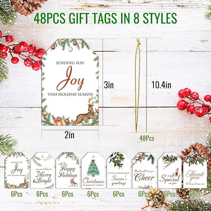 AuroTrends Christmas Gift Tags with String 48Pcs, Name Tags for Christmas Presents -Quality Christmas Tags with Holes& Pre-Cut Strings (8 Styles, 48 Pcs)