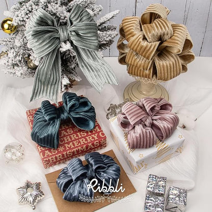 Ribbli Glossy Dusty Green Velvet Wired Ribbon 2.5 Inch Striped Velvet Christmas Ribbon for Gift Wrapping Christmas Tree Decoration Crafts Wreaths Supplies-Continuous 10 Yards